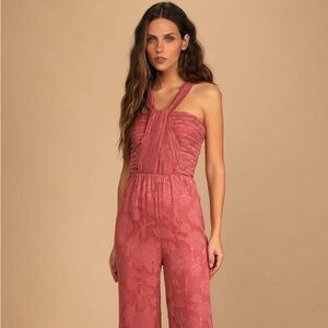 Lulu's Lovely Celebration Rose Pink Floral Burnout Chiffon Jumpsuit M NWT